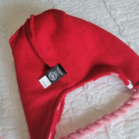 '47 Official NHL Carolina Hurricanes Knit Hat Kids Red With Pink Hearts & Braids - Picture 7 of 14